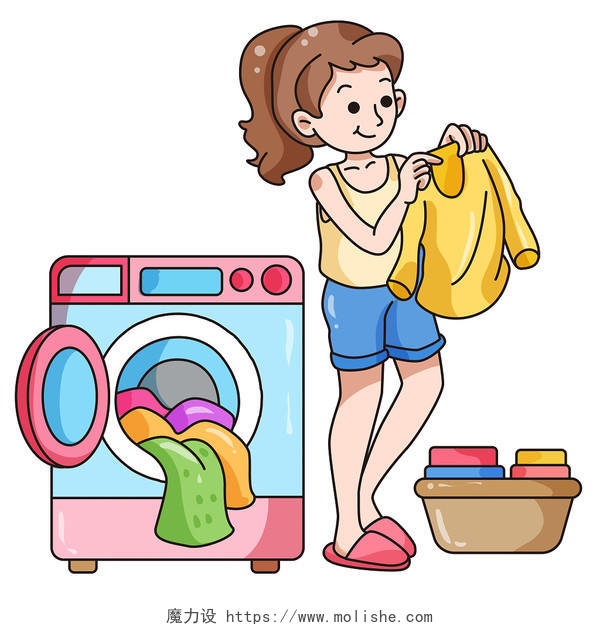 卡通家庭生活家庭打扫家务洗衣服妈妈插画素材png